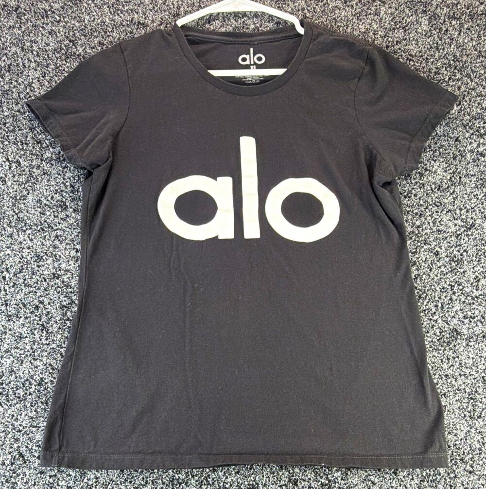 ALO Women’s XL Black Logo Crew Neck Short Sleeve Stretch Knit T-Shirt